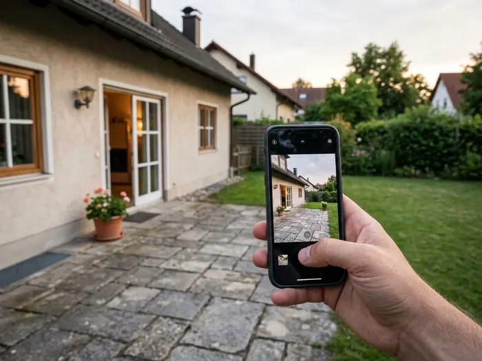 Symbolbild: Handy mit Fotos einer Terrasse